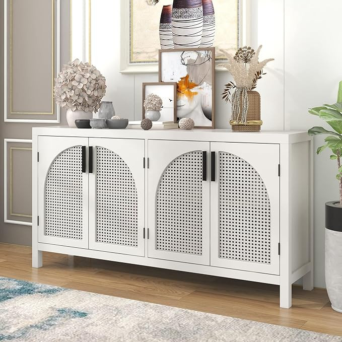 Large Storage Space Sideboard with 4 Artificial Rattan Door, Wooden Storage Cabinet with Metal Ha... | Amazon (US)