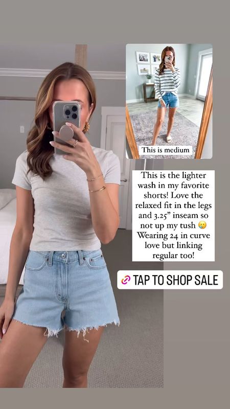 Abercrombie curve love 90s cutoff shorts (sz 24) in light + medium and restocked! Abercrombie baby tee in XS Old Navy striped top in XS petite. Target designer inspired sandals are TTS. Vacation outfit. Spring outfit. Casual outfit. Summer outfit. 

#LTKSpringSale #LTKstyletip #LTKshoecrush