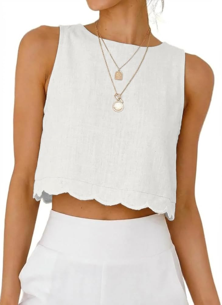 IDEALSANXUN Womens High Neck Linen Tank Tops Spring Summer Scallop Hem Cropped Sleeveless Shirts ... | Amazon (US)
