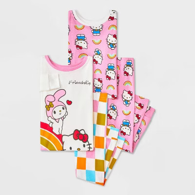 Toddler Girls' 4pc Hello Kitty Cotton Long Sleeve Rainbow Pajama Set - Pink/White 3T | Target