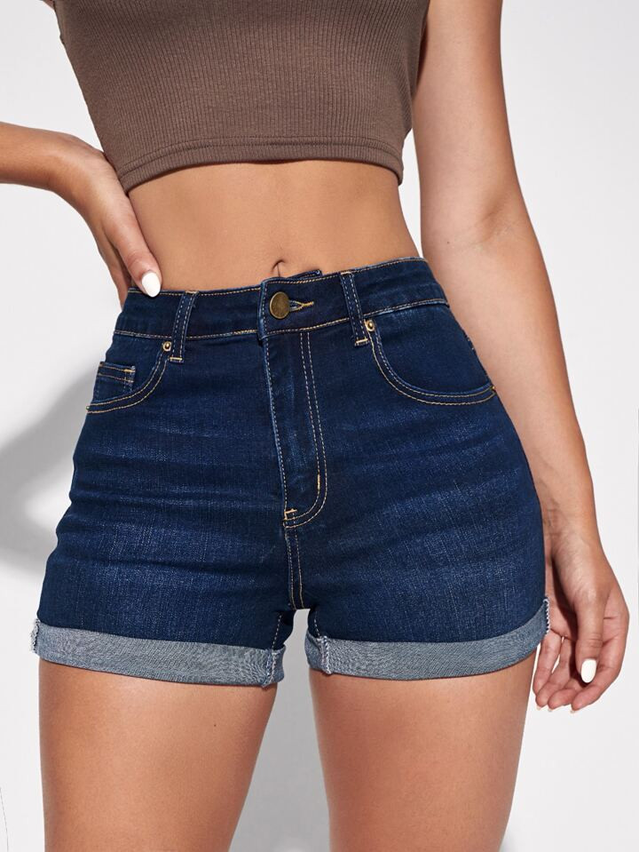 SHEIN Essnce Zipper Fly Cuffed Hem Denim Shorts | SHEIN