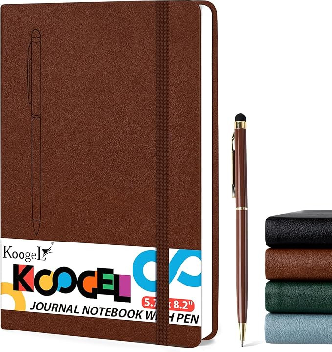 Koogel Journal Notebook with Pen, Magnetic Leather Cover Notepad Brown 5.7"x 8.2" Wide Ruled Trav... | Amazon (US)