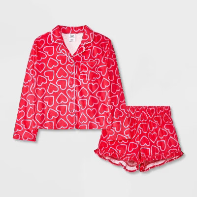 Girls' 2pc 'Hearts' Long Sleeve Coat Pajama Set - art class™ Pink L | Target
