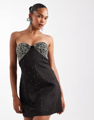 ASOS DESIGN embellished bandeau studded mini dress in black | ASOS (Global)
