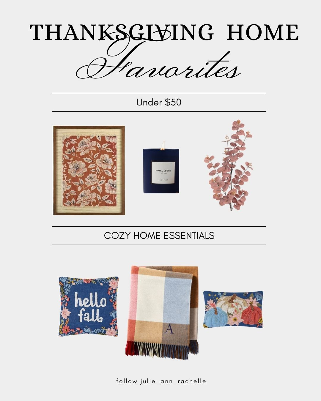 Thanksgiving Home Favorites 🦃✨
Bringing cozy vibes home this season doesn’t have to break the bank! These under-$50 finds are perfect for creating a warm, inviting space — from soft plaid throws to seasonal pillows and that must-have candle glow. 🍂

💙 Tap to shop my cozy fall essentials and get your home Thanksgiving-ready!

#ThanksgivingDecor #FallHomeStyle #CozyHomeFinds #LTKhome #LTKholiday #julieannrachelleinteriors #FallDecor #BudgetFriendlyDecor 

 #LTKSeasonal #LTKHome #LTKFindsUnder50
