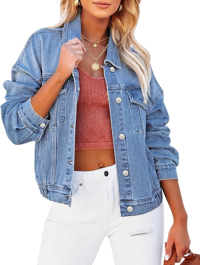 Utyful Oversized Jean Jacket for Women Distressed Stretch Denim Trucker Jackets Drop Shoulder Bac... | Amazon (US)