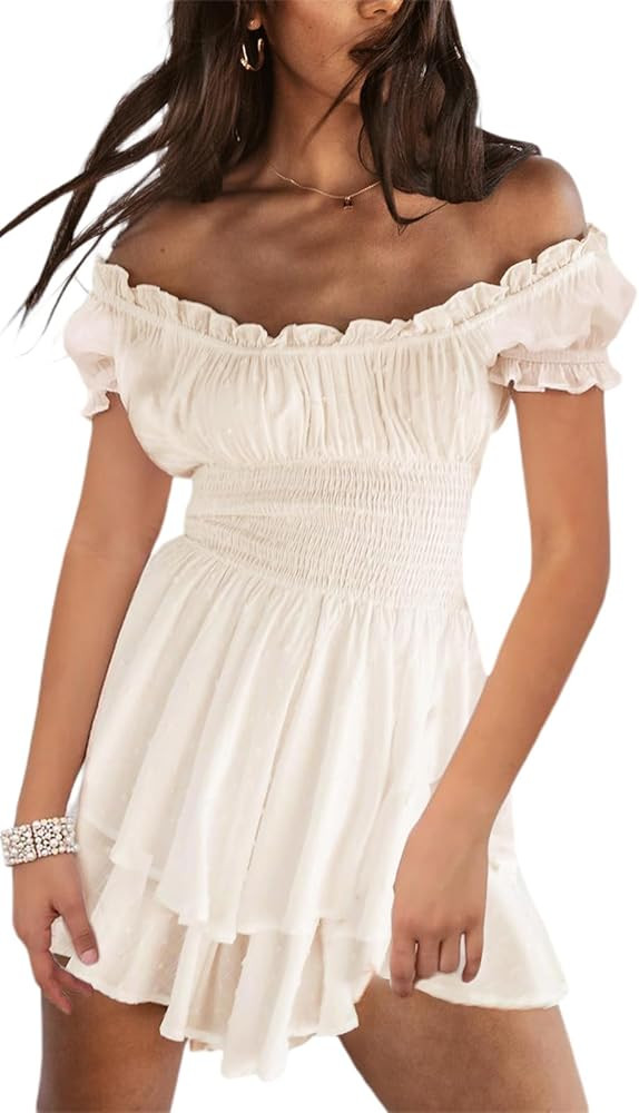 Women White Fairy Costume Denim Pirate Romper Dress Sexy Off Shoulder Ruffle Shorts Jumpsuit Flow... | Amazon (US)