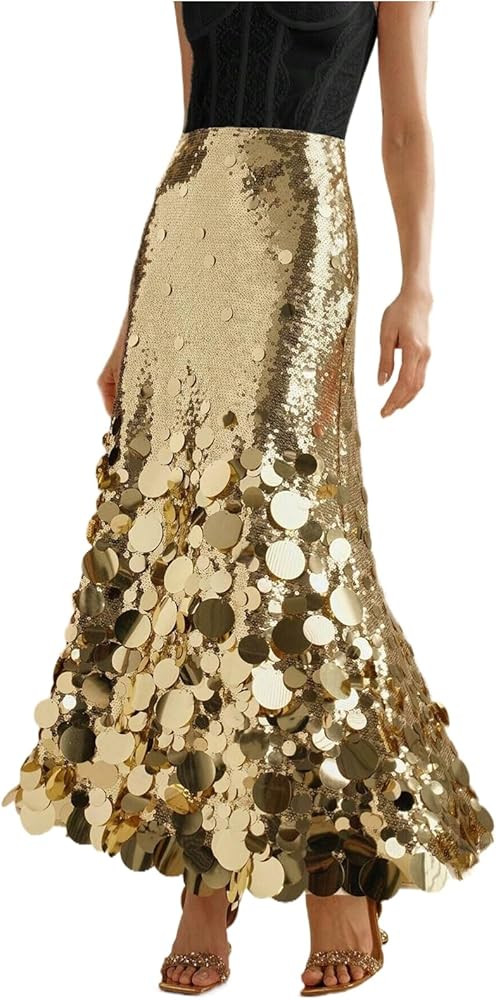 Women's Gold Sequin Disc Maxi Skirt - Shimmering Flared Formal Party Evening Skirt | Amazon (US)