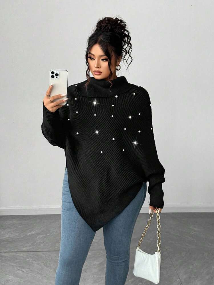 Elenzga Plus Size Women Winter Asymmetrical High Neck Long Sleeve Fashionable Sexy Pearl Solid Pullover Sweater | SHEIN