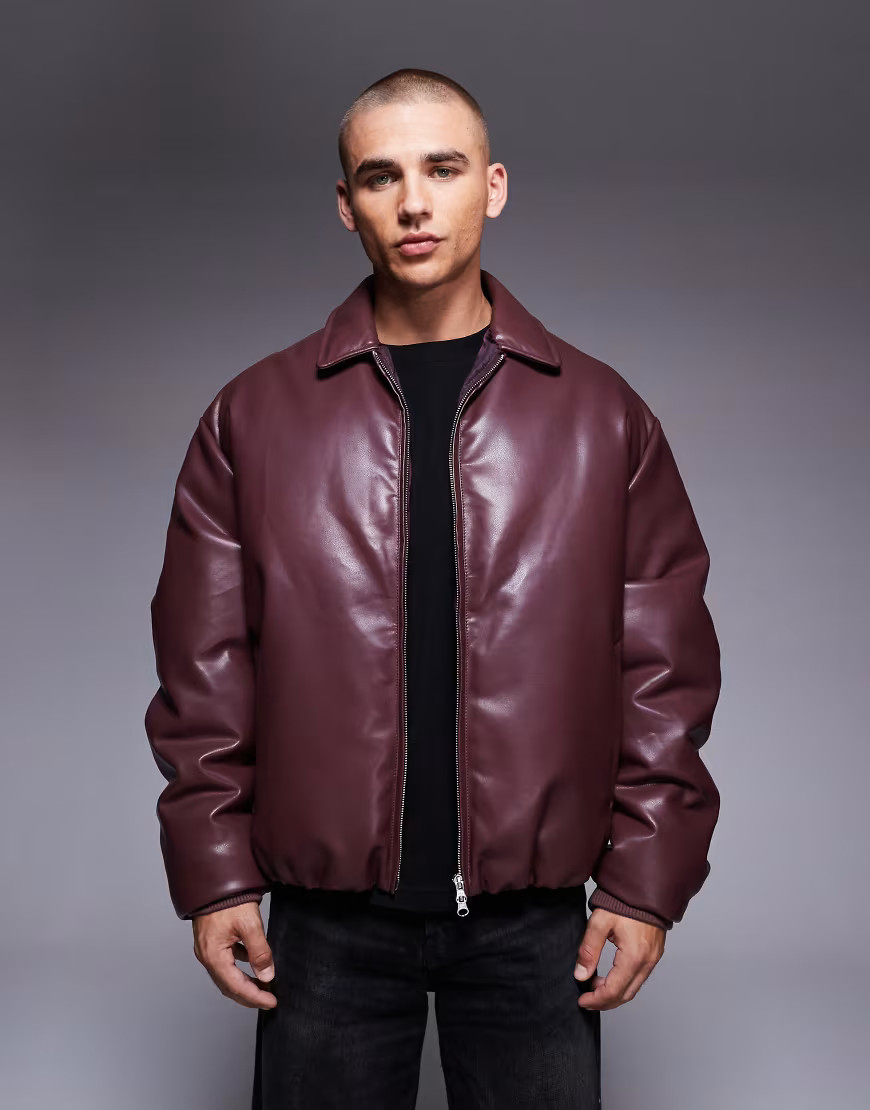 ASOS DESIGN faux leather bomber jacket in burgundy-Red | ASOS (Global)