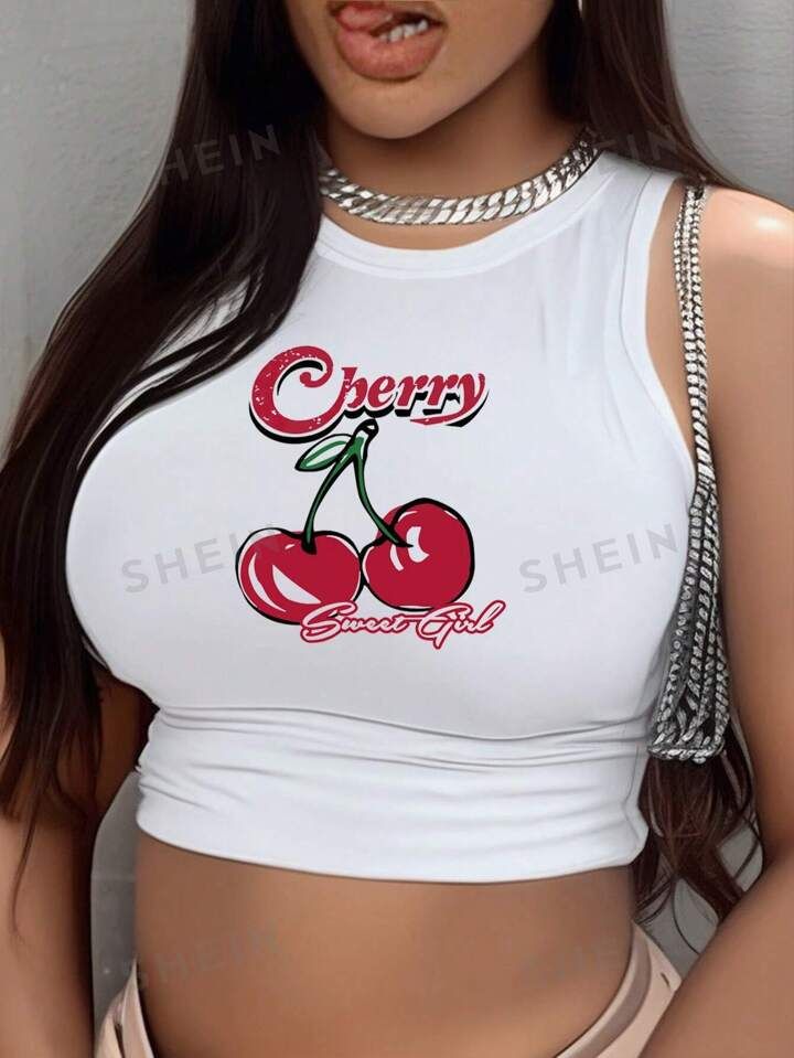 SHEIN Slayr Casual Simple Cherry Pattern Round Neck Tight Women's Tank Top Suitable For Summer | SHEIN