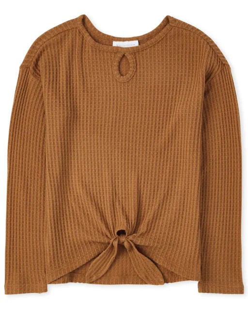 Girls Long Sleeve Waffle Tie Front Top | The Children's Place  - AMBER BROWN | The Children's Place
