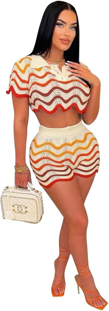 Women's Striped Short-sleeved 2-piece Summer Hand-knitted Sexy Crop Top High-waisted Casual Short... | Amazon (US)