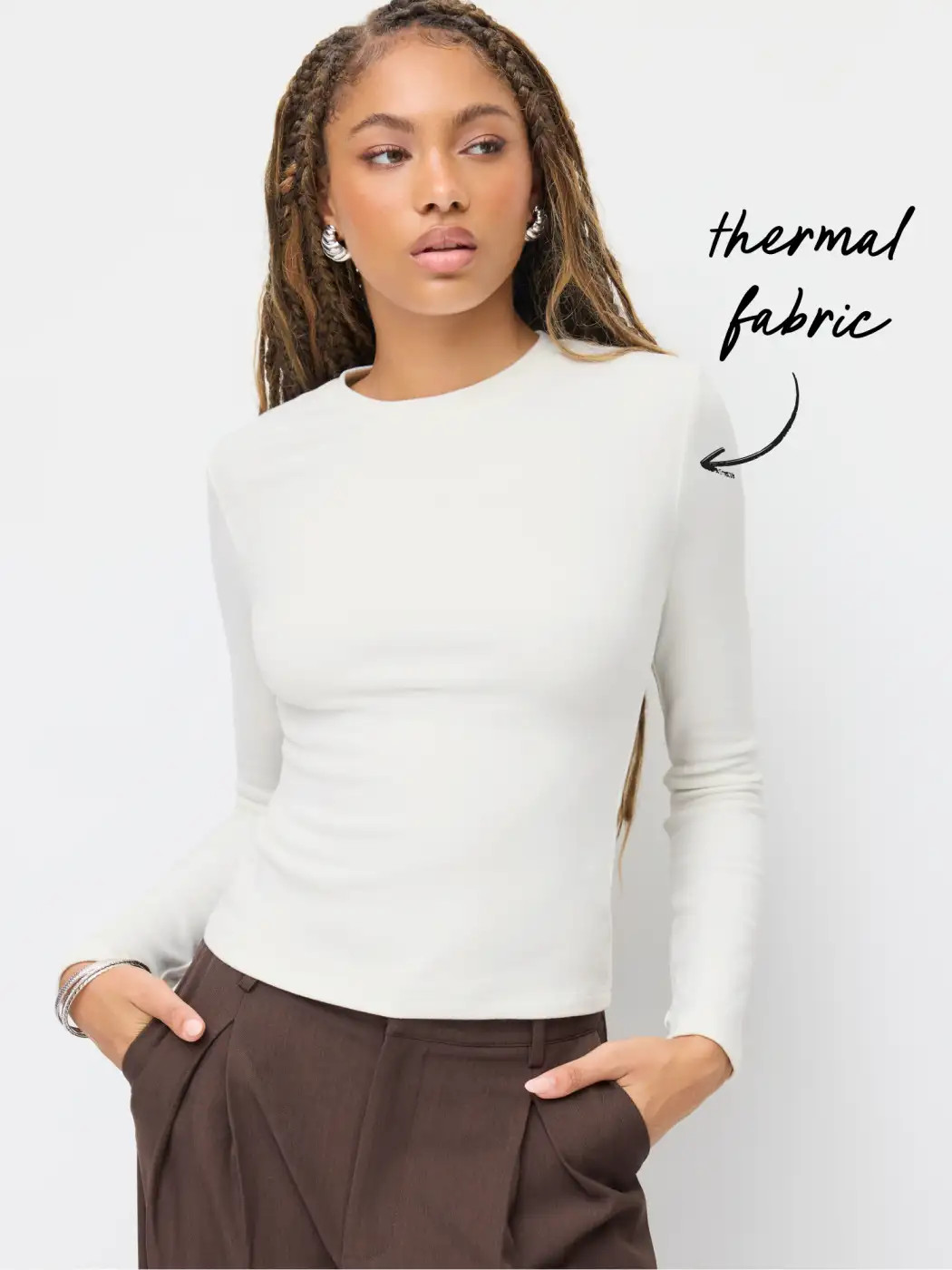 Knit Fabric Thermal Cotton-blend Round Neck Long Sleeve Tee For Daily Casual | Cider