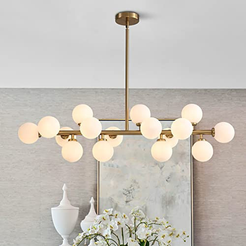 APBEAMLighting Gold Dining Room Chandelier Over Table Mid Century Modern Chandelier White Glass Globe Lampshade Linear Pendant Lighting Fixture for Living Room Dining Table 16 Lights | Amazon (US)