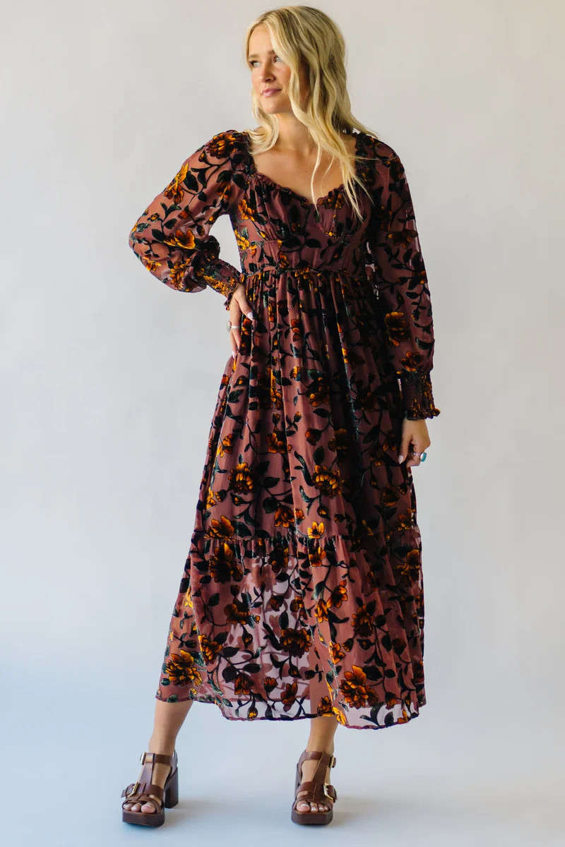 The Rosser Burnout Velvet Midi Dress in Goldenrod Floral | Piper & Scoot