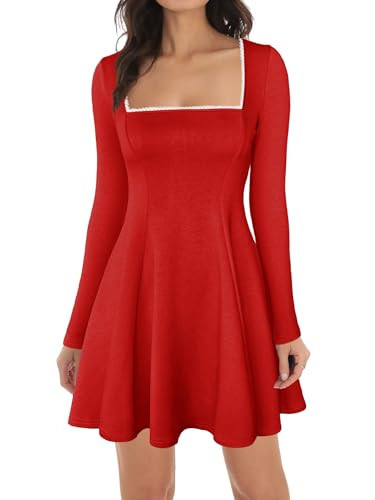 Lrady Womens Square Neck Bodice Dress Long Sleeve Flare A Line Club Party Mini Ruffle Swing Short Dresses, Red, Large | Amazon (US)