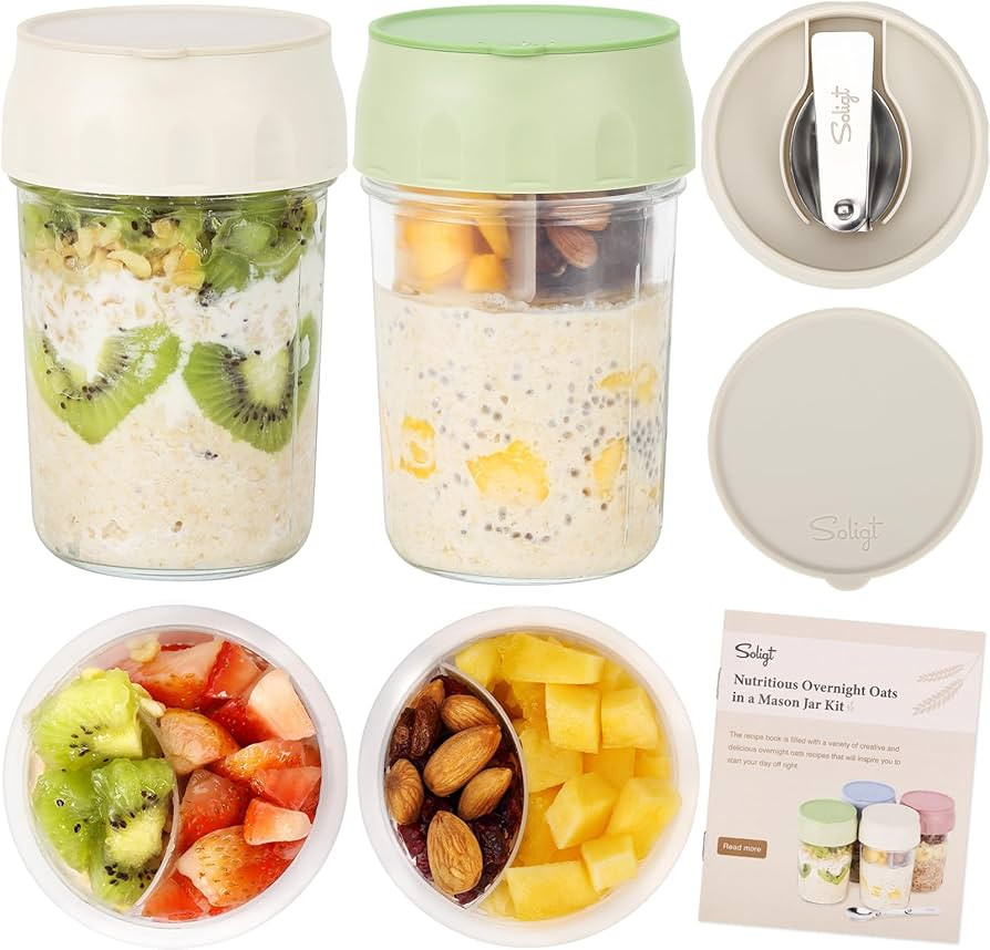SOLIGT 2 Pack Overnight Oats Containers with Lids, Folding Spoons, and Divided Compartments for F... | Amazon (US)