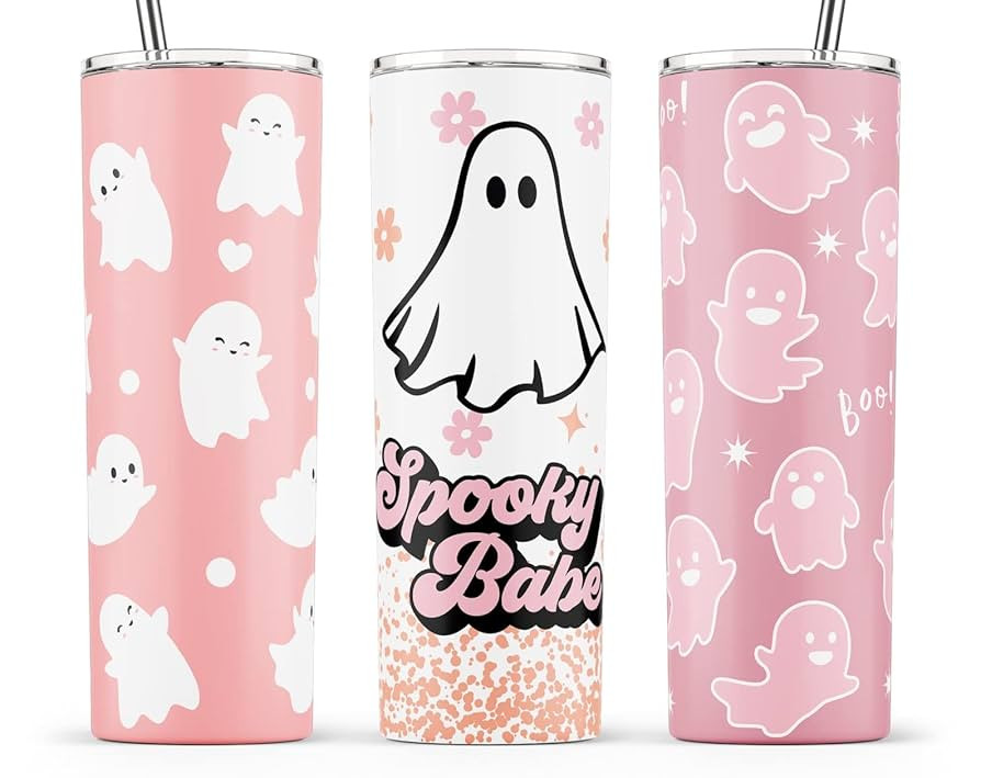 Halloween Tumbler, Pink Halloween Cup, Spooky Vibes, Cute Ghosts, 20oz Skinny Tumbler (White Cute... | Amazon (US)