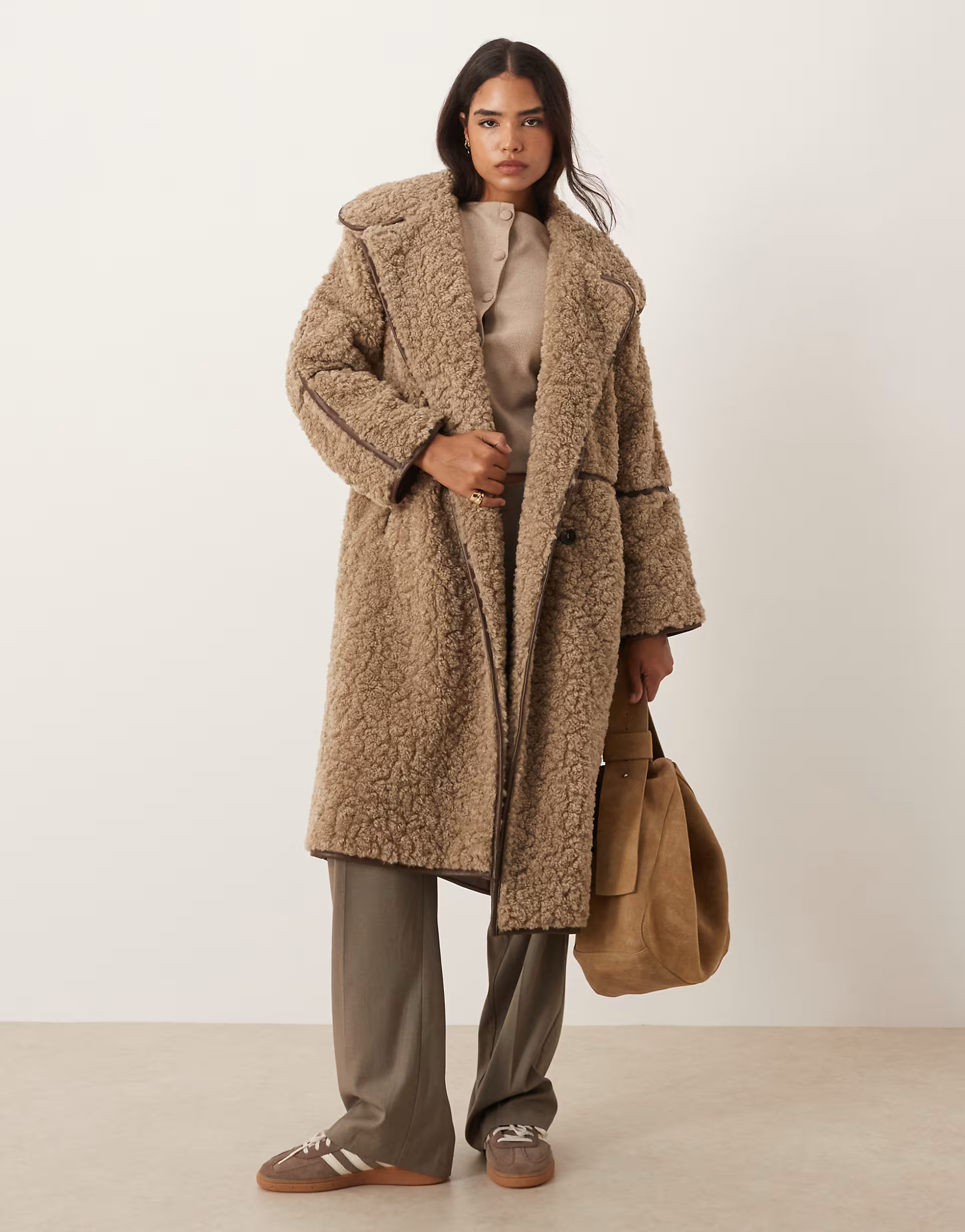 ASOS DESIGN longline shearling coat in oatmeal | ASOS (Global)