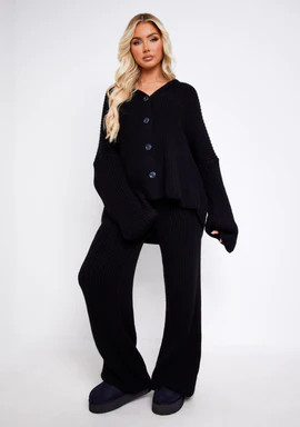 Chantelle Black Chunky Knit Cardigan & Trouser Co-Ord Set | Missy Empire (UK)