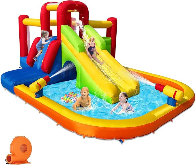 Bounce House Inflatable Water Slide for Kids, Water Park With Splash Pool, Double Cannon, 2 Climb... | Amazon (US)