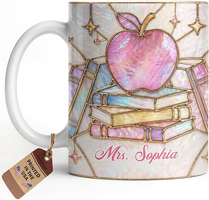 Personalized Teacher Mug, Custom Name Coffee Cup with Pink Apple and Book Design, Teacher Appreciation Gift for Women, Teacher Gifts For Birthday Back To School Christmas Special Occasions | Amazon (US)