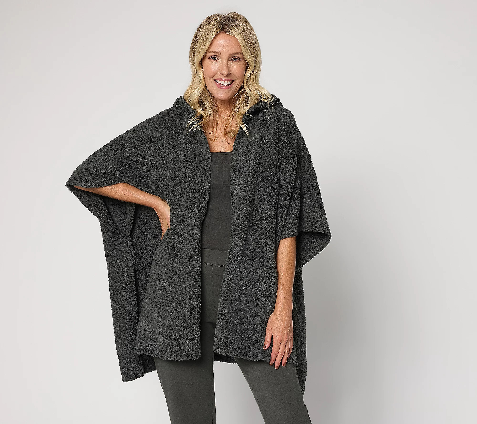 As Is Barefoot Dreams CozyChic Hooded Poncho Patch Pocket | QVC