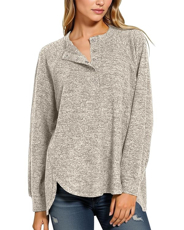 Tankaneo Womens Long Sleeve Henley Shirts Oversized Round Neck Fall Tunic Tops Casual Loose Fit T... | Amazon (US)