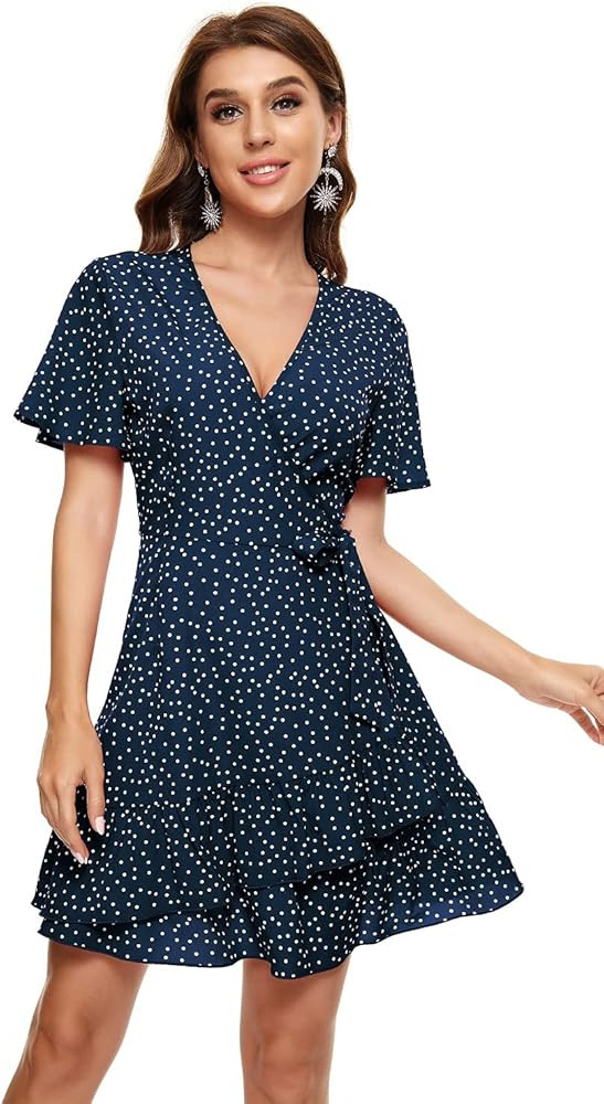 Women's Falbala Short Sleeve V Neck Ruffle Dress Floral Skirt Mini Swing Party Wedding Dress with... | Amazon (US)
