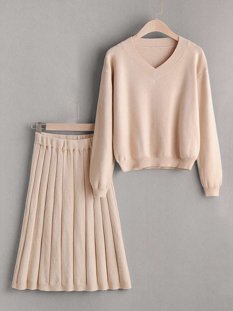 V-neck Solid Jumper & Sweater Skirt | SHEIN
