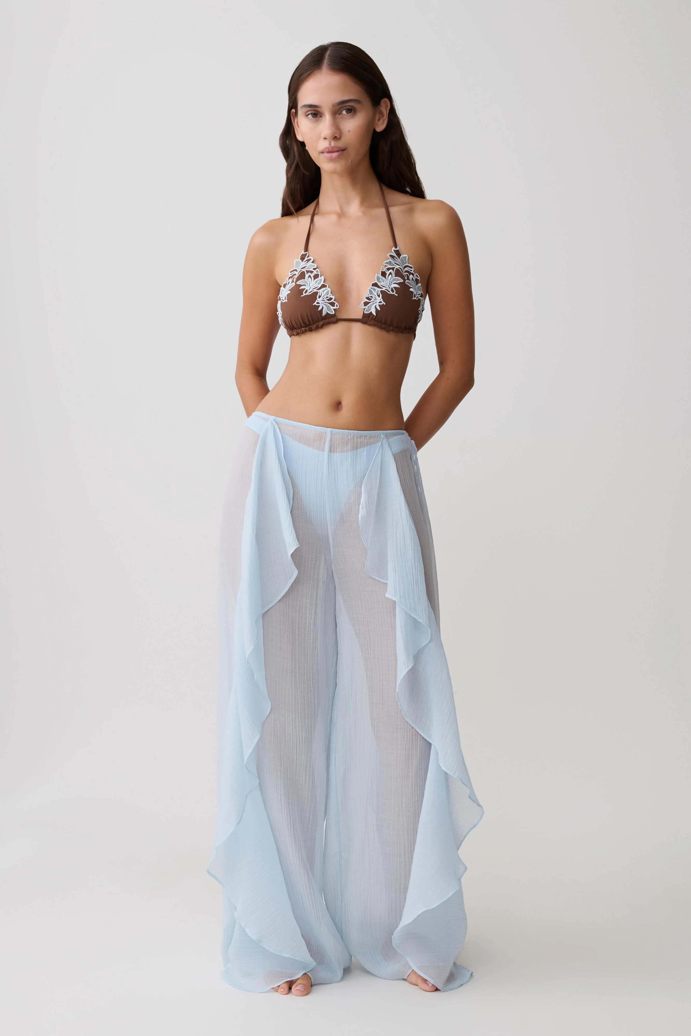 Kai Sheer Draped Ruffle Pant - Pale Blue | MESHKI US