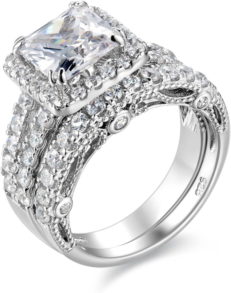 Wuziwen 4Ct Engagement Rings for Women Sterling Silver Cubic Zirconia Wedding Bridal Ring Set Siz... | Amazon (US)