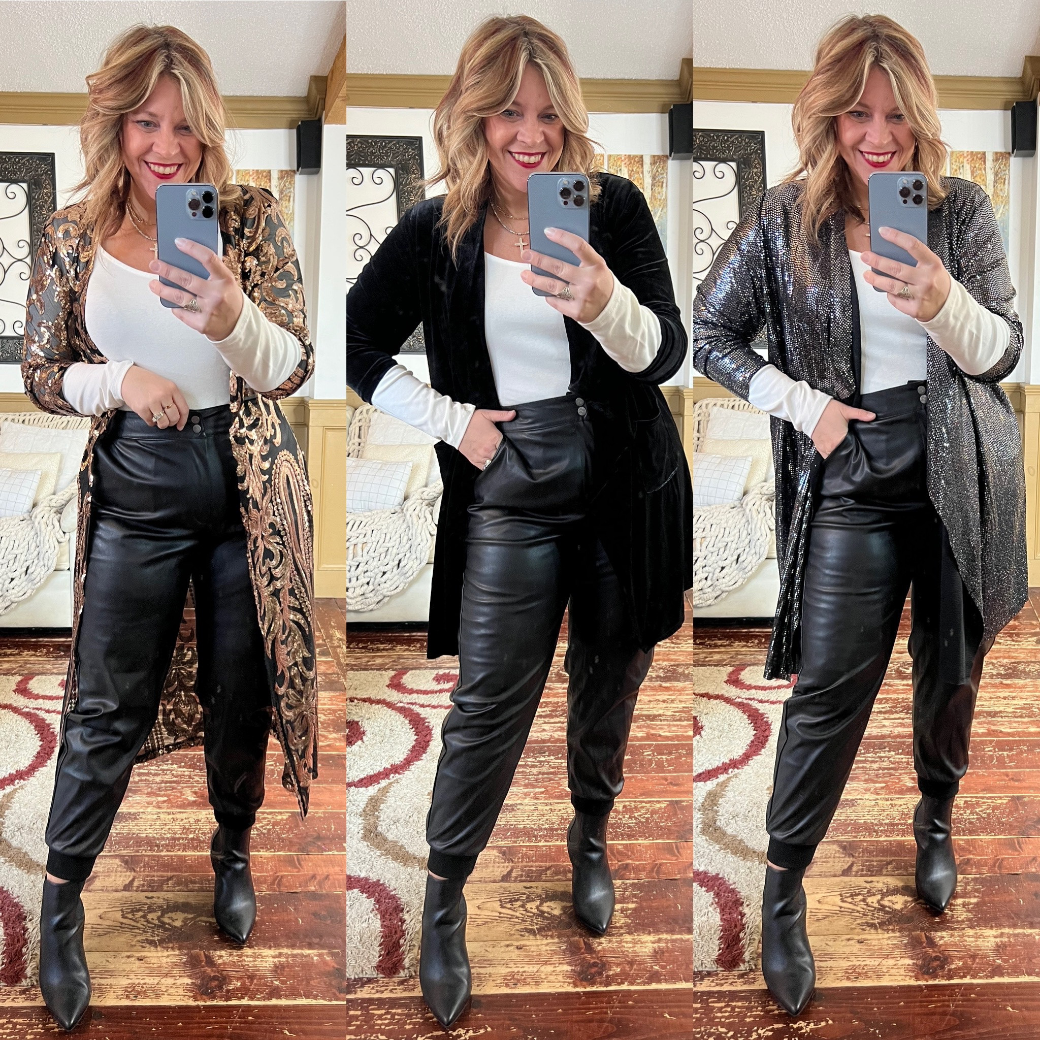 Sequin duster, sequin cardigan, velvet duster, velvet blazer , faux leather pants, holiday outfits 
Gold duster 4x (size up 2-4 sizes)
Velvet size xxl 
Silver sequin 16/18 and use code 25nicole2022 for 25% off 

#LTKunder100 #LTKHoliday #LTKcurves