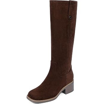 Knee High Chunky Heel Square Toe Metal Rivet Pull Tab Riding Boots | Amazon (US)