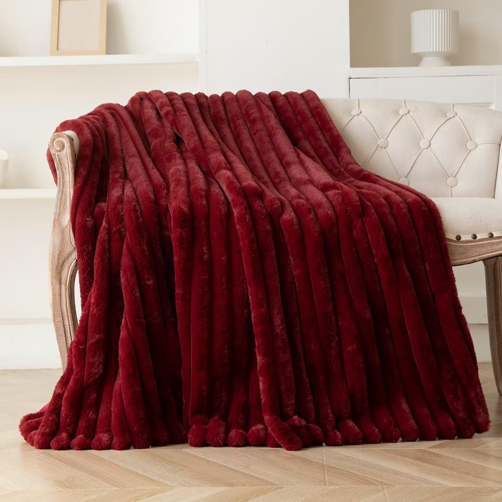 Burgundy Christmas Faux Fur Throw Blanket for Couch, Fuzzy Cozy Soft Warm Plush Striped Throw Bla... | Amazon (US)
