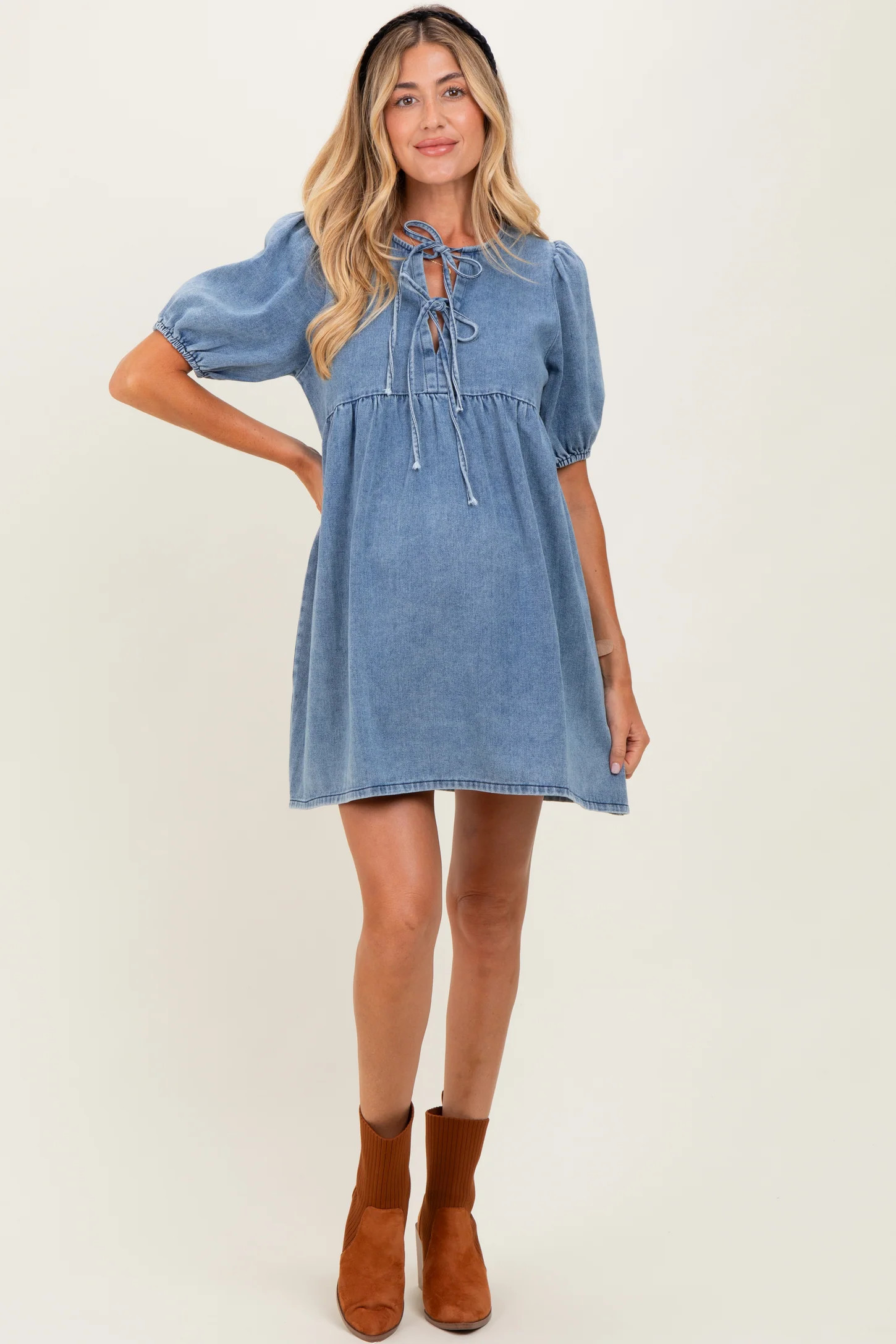 Blue Chambray Double Front Tie Maternity Dress | PinkBlush Maternity