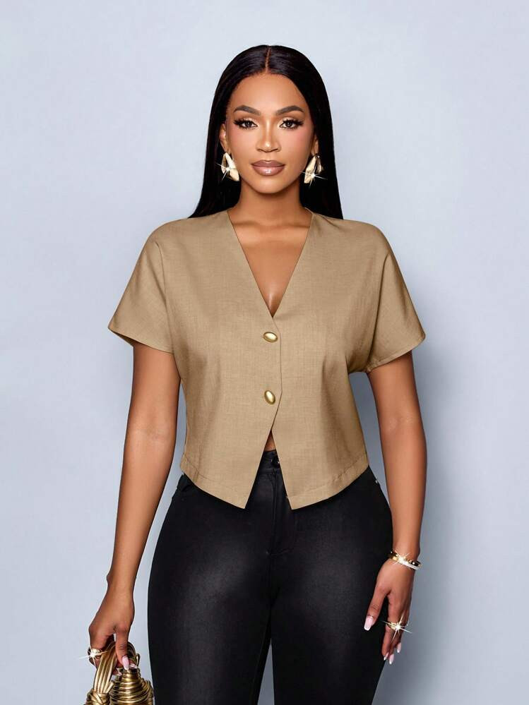 SOLERSUN Women's Solid Color V-Neck Metal Button Asymmetric Hem Elegant Short Sleeve Blouse | SHEIN