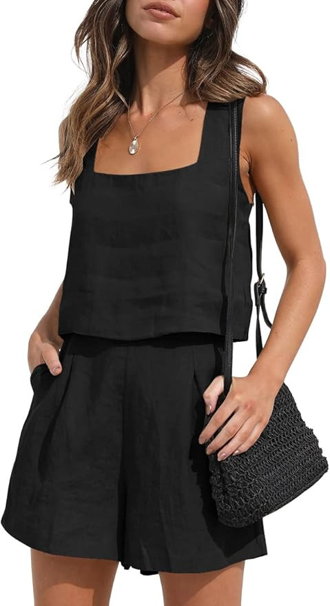 AUTOMET Womens 2 Piece Outfits Lounge Matching Sets Two Piece Linen Shorts Crop Tops 2023 Trendy ... | Amazon (US)