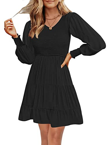 MEROKEETY Women's Casual Long Sleeve V Neck Smocked Elastic Waist Flowy Tiered Mini Dress, VBlack, M | Amazon (US)
