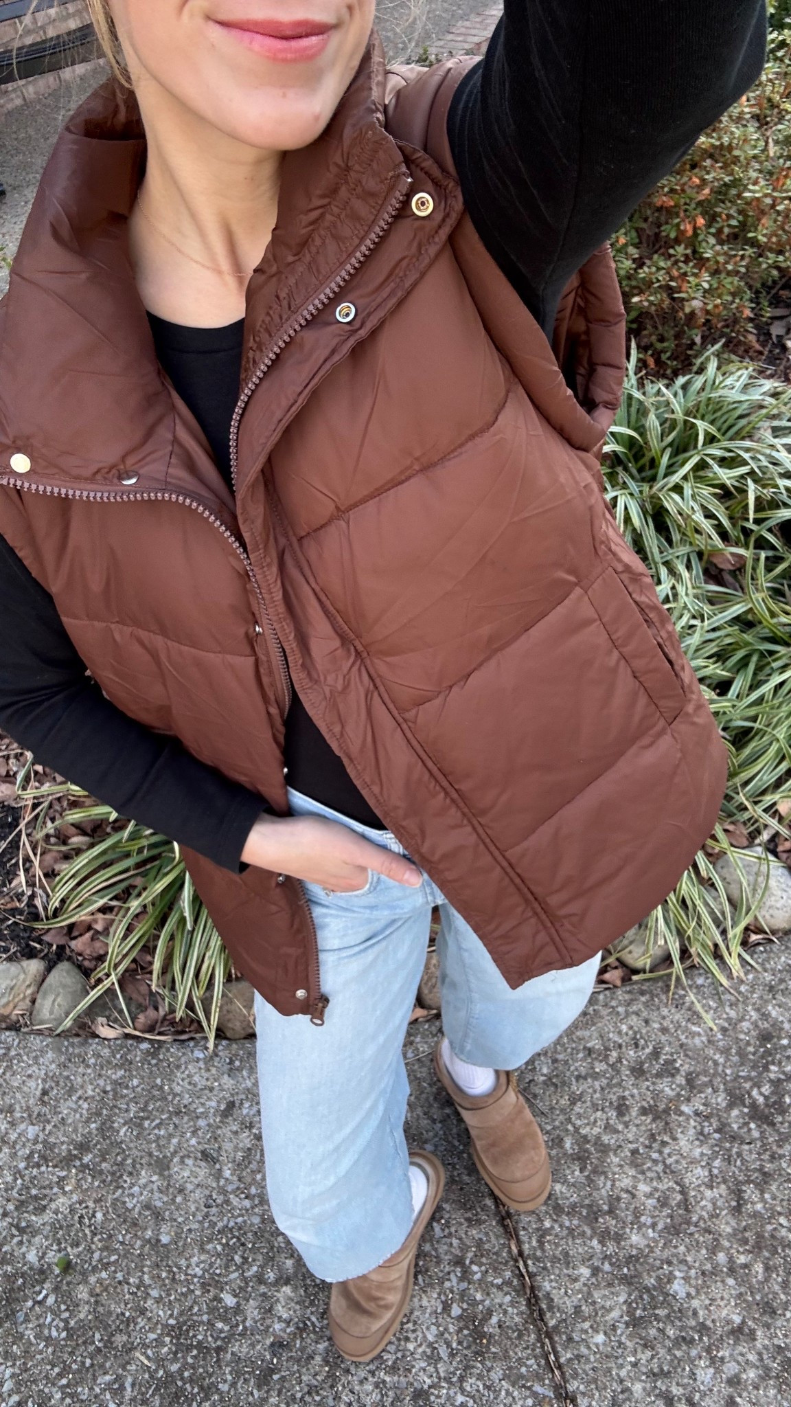 Puffer vest brown vest casual outfit comfortable outfit amazon fashion long sleeve tee black tshirt mules shearling boots boyfriend jeans light wash denim ootd 

#LTKootd #LTKFindsUnder100 #LTKFindsUnder50