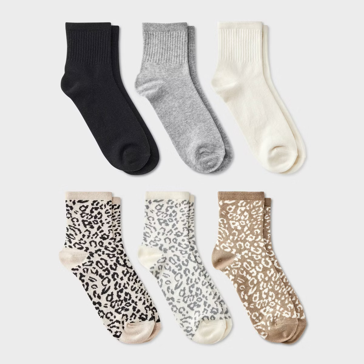 Women's Leopard & Solid Ribbed 6pk Ankle Socks - A New Day™ Black/Gray/Ivory 4-10 | Target