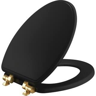 Weston Soft Close Elongated Enameled Wood Closed Front Toilet Seat in Black Never Loosens Brushed... | The Home Depot