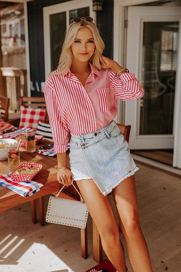 Boating Day Stripe Button Up In Hot Pink | Impressions Online Boutique