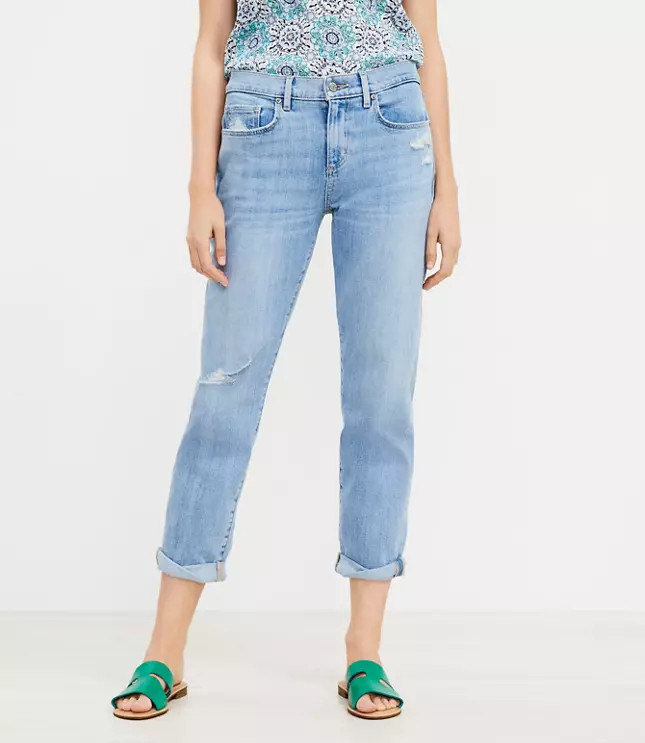 Destructed Super Soft Girlfriend Jeans in Light Vintage Indigo Wash | LOFT