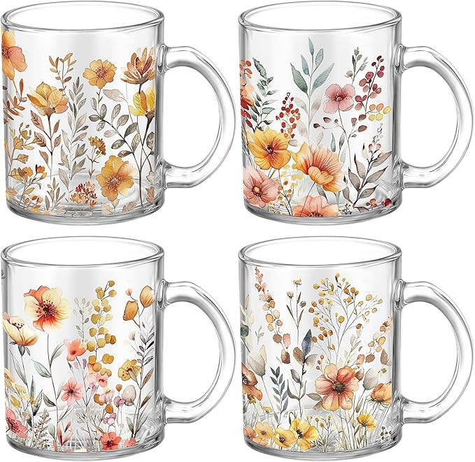 Tioncy 4 Pcs Fall Floral Coffee Mugs 12 oz Glass Cups with Handle | Thanksgiving Floral Coffee Cu... | Amazon (US)