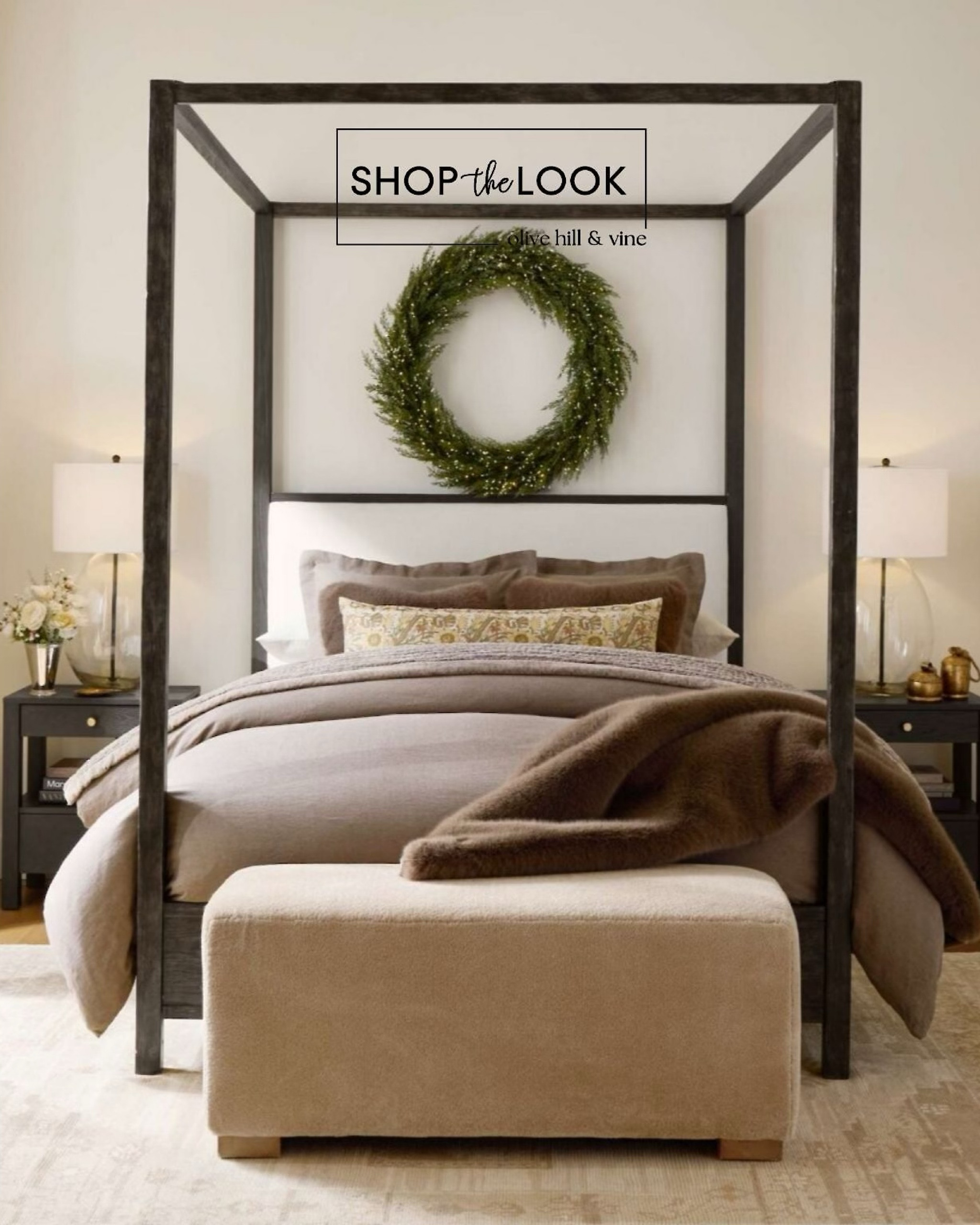 Deck your bedroom in festive style! A canopy bed, luxe bedding, a silver julep vase of winter florals, faux mink accents, and vintage bells combine to create the perfect holiday retreat. Top it off with a glowing cedar berry wreath for added sparkle. 

#LTKHoliday #LTKHome #LTKSeasonal