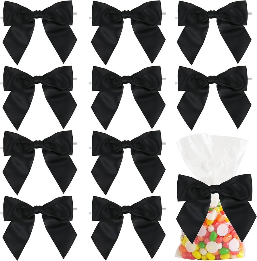 AIMUDI Black Satin Ribbon Twist Tie Bows for Treat Bags 4.5" Pre-Tied Black Bows for Christmas Tr... | Amazon (US)