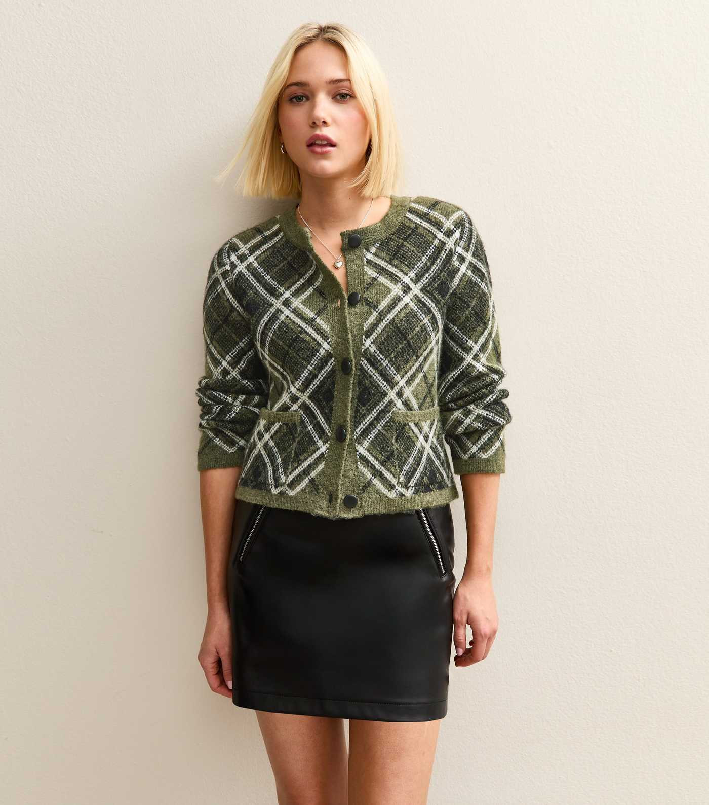 Green Check Double Pocket Cardigan | New Look | New Look (UK)