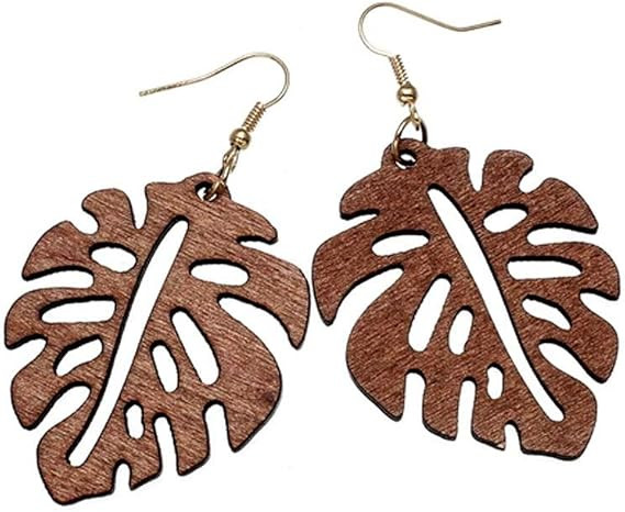 Lightweight Brown Wood Philodendron Leaf Drop Earrings | Amazon (US)
